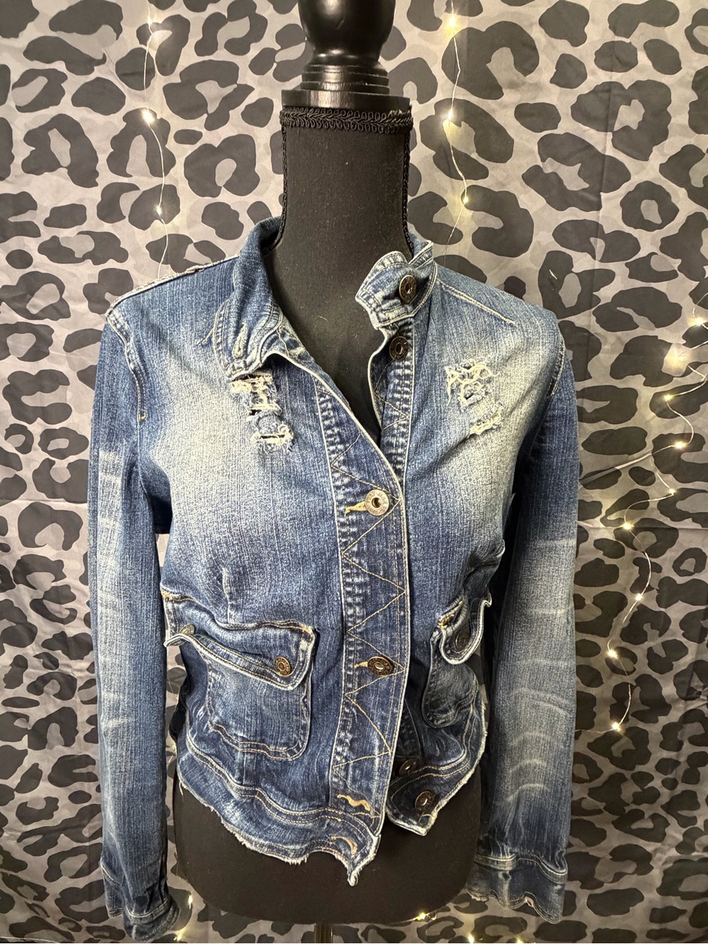 Baby Phat Distressed Dark Blue Denim Jacket with Brass Plaque